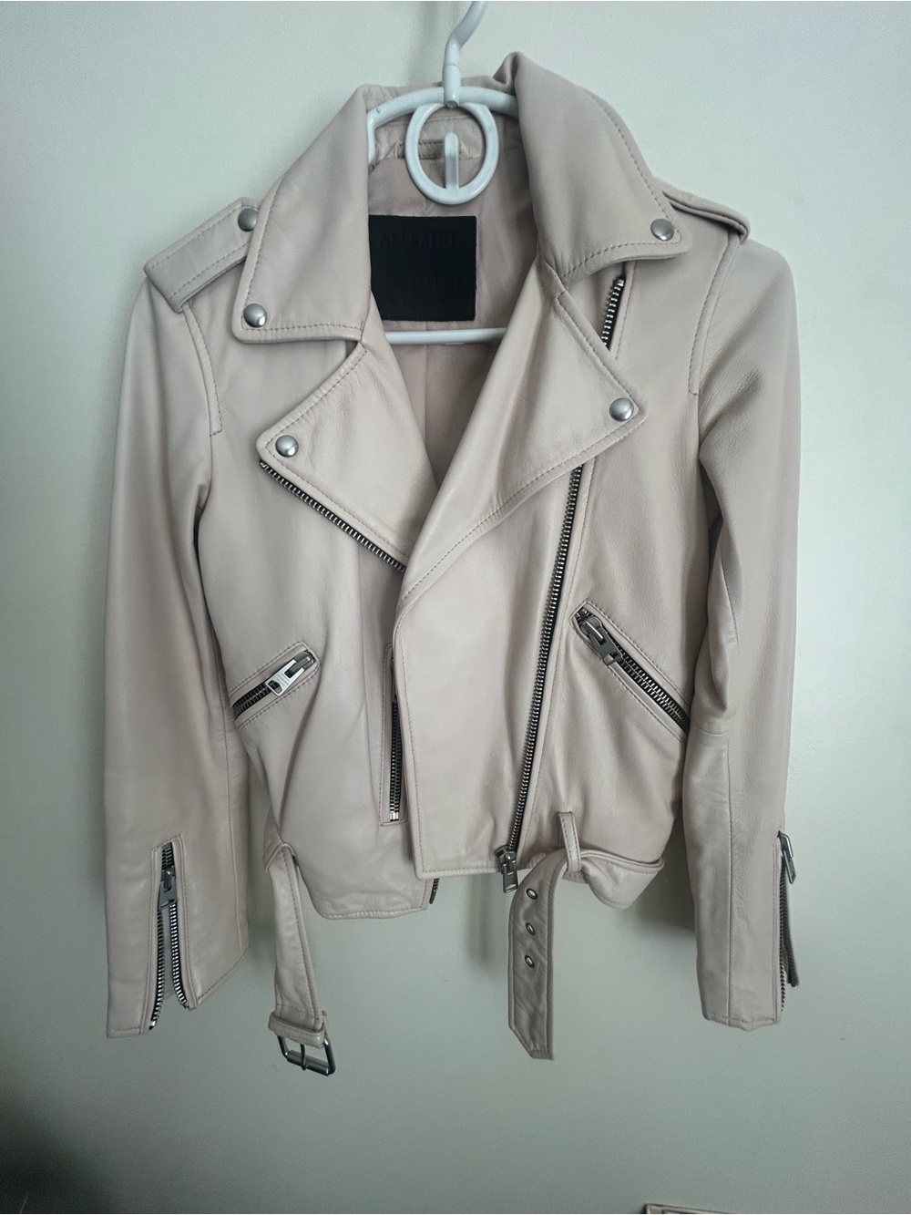 All Saints Nude Pink  Leather Moto Jacket with Silver Hardware
